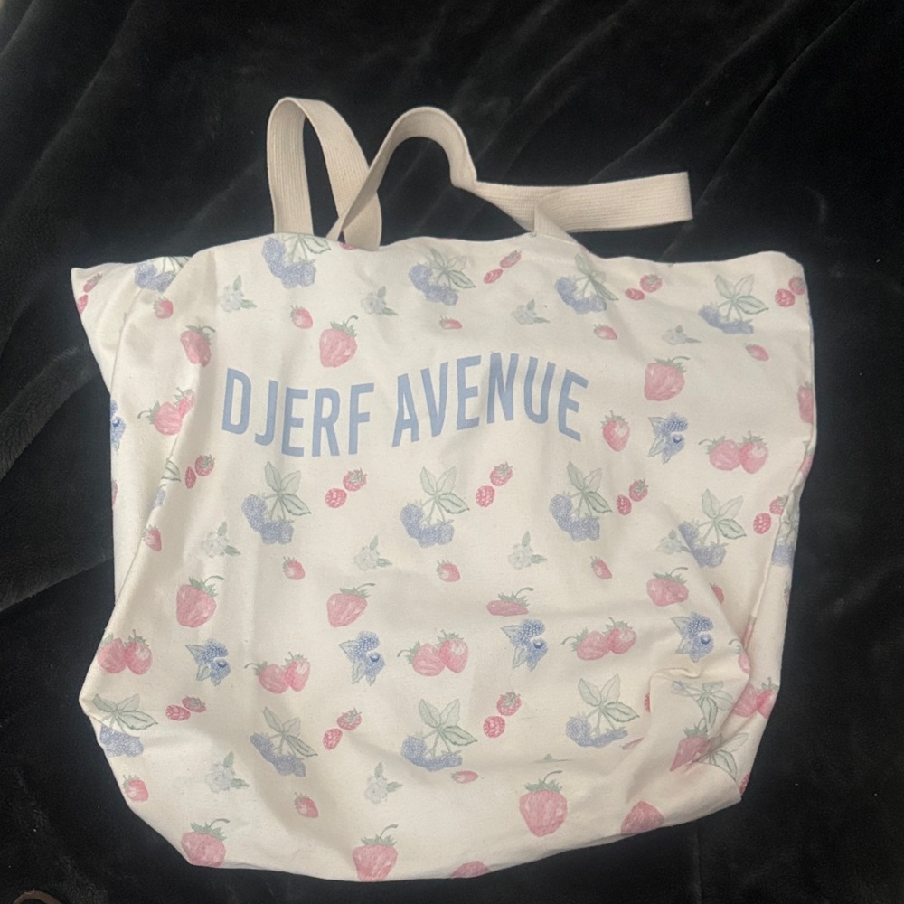 Djerf Avenue Cream Canvas Tote with Pink & Blue Strawberry Print